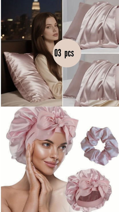 Pack de nuit Satin(Bonnet + Chouchou +Taies d'oreiller)
