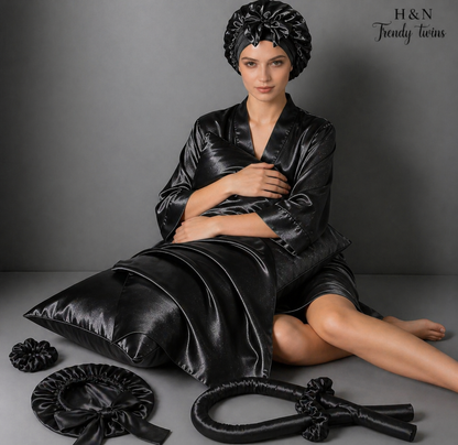 Pack de nuit en Satin (Bonnet + 02 Chouchous +Taie d'oreiller+ Boucleur )