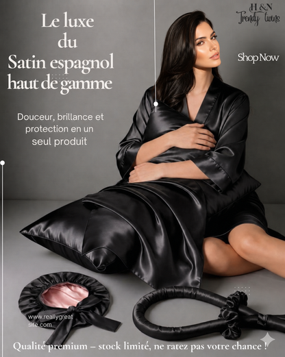Pack de nuit en Satin (Bonnet + 02 Chouchous +Taie d'oreiller+ Boucleur )