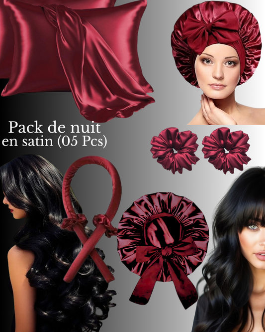 Pack de nuit en Satin (Bonnet + 02 Chouchous +Taie d'oreiller+ Boucleur )