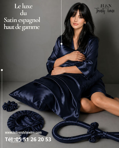 Pack de nuit en Satin (Bonnet + 02 Chouchous +Taie d'oreiller+ Boucleur )